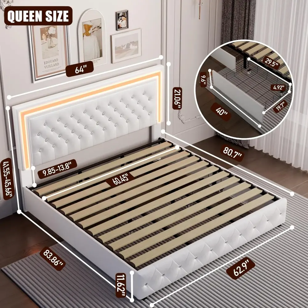 Queen LED Bed Frame, Upholstered Bed with 4 Drawers, Adjustable Upholstered Headboard Diamond Bed Frame, No Box Spring Needed, W