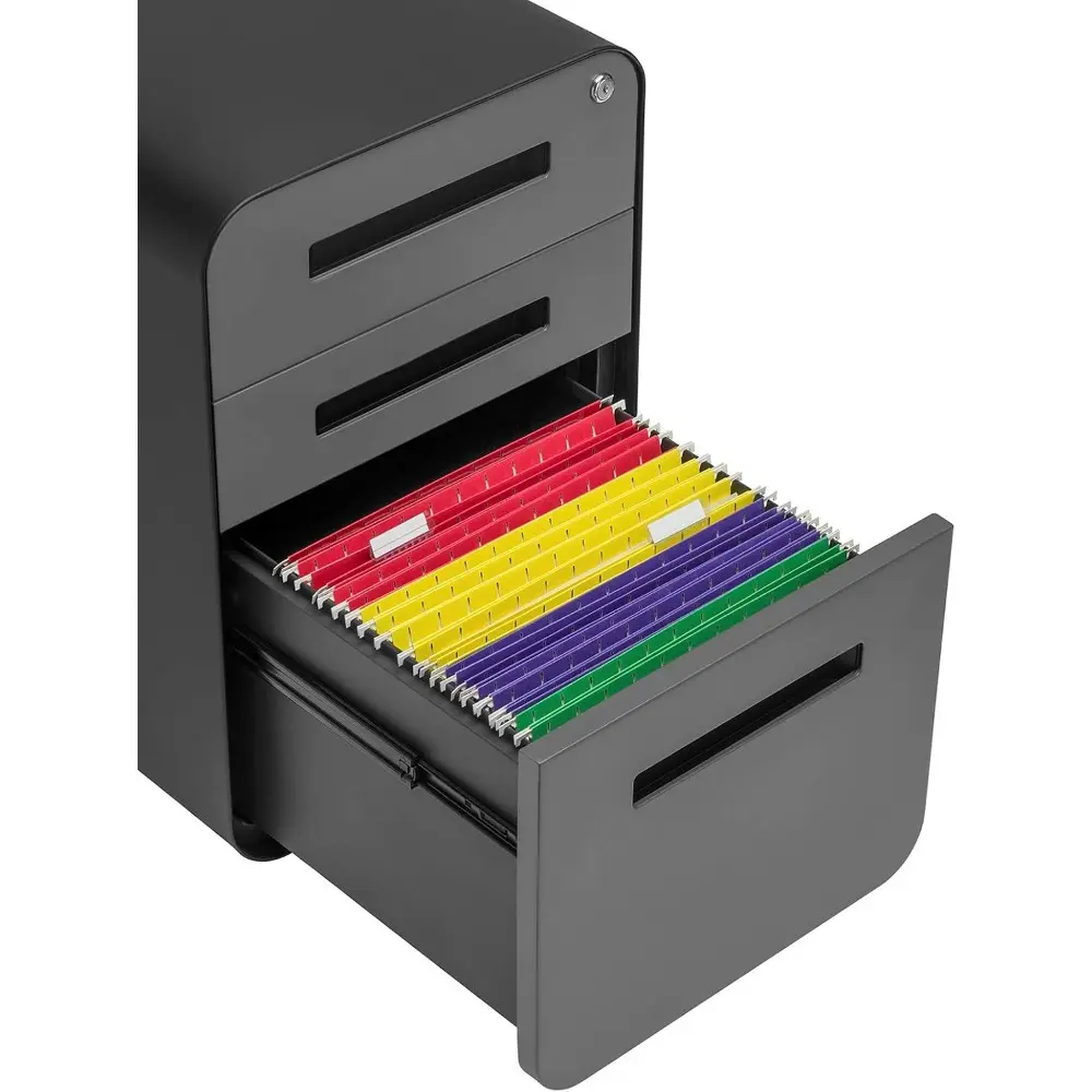 Stockpile 3 Drawer File Cabinet with Lock - Under Office Desk Metal Filing Cabinet, Legal/Letter File Folders, Wheels and Stati