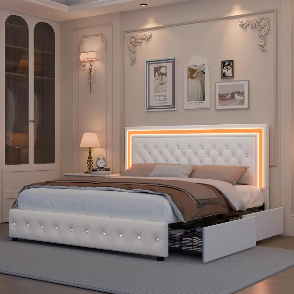 Queen LED Bed Frame, Upholstered Bed with 4 Drawers, Adjustable Upholstered Headboard Diamond Bed Frame, No Box Spring Needed, W