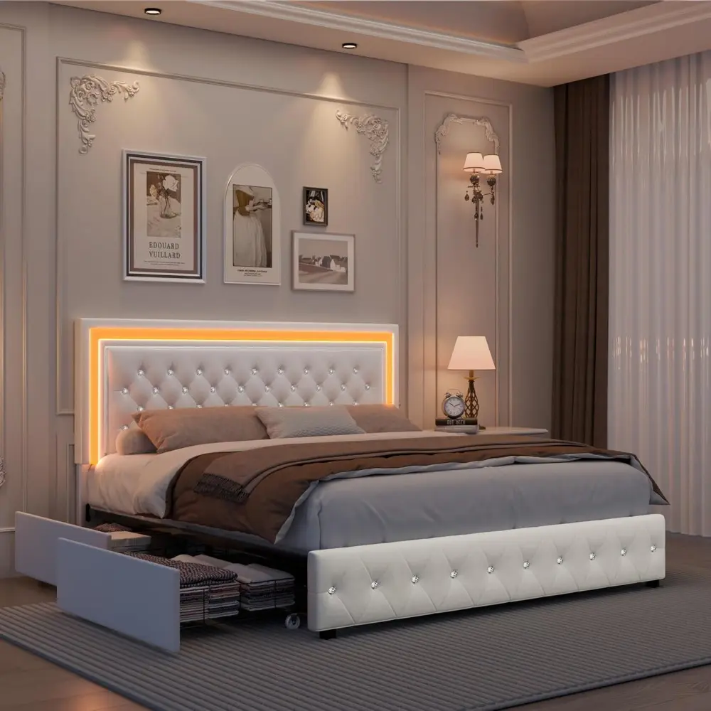 Queen LED Bed Frame, Upholstered Bed with 4 Drawers, Adjustable Upholstered Headboard Diamond Bed Frame, No Box Spring Needed, W