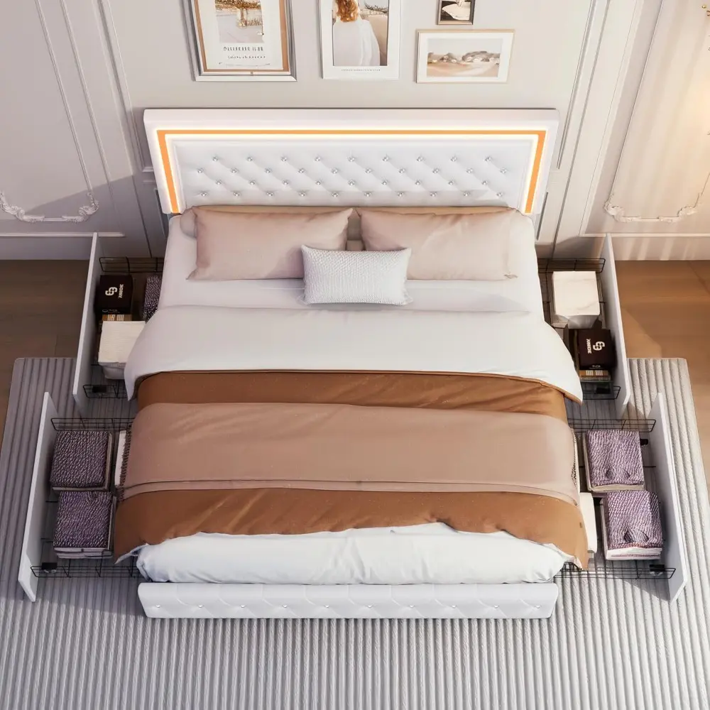 Queen LED Bed Frame, Upholstered Bed with 4 Drawers, Adjustable Upholstered Headboard Diamond Bed Frame, No Box Spring Needed, W