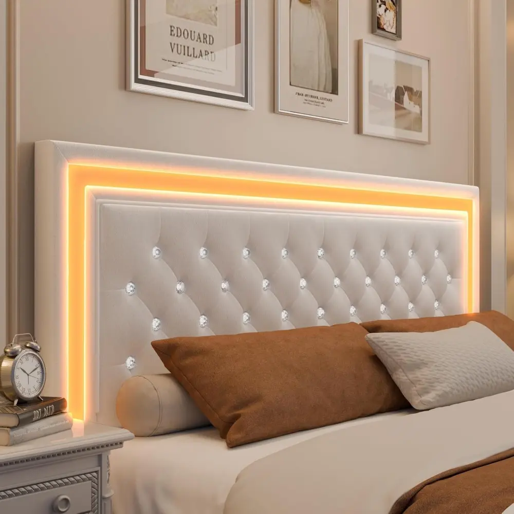 Queen LED Bed Frame, Upholstered Bed with 4 Drawers, Adjustable Upholstered Headboard Diamond Bed Frame, No Box Spring Needed, W