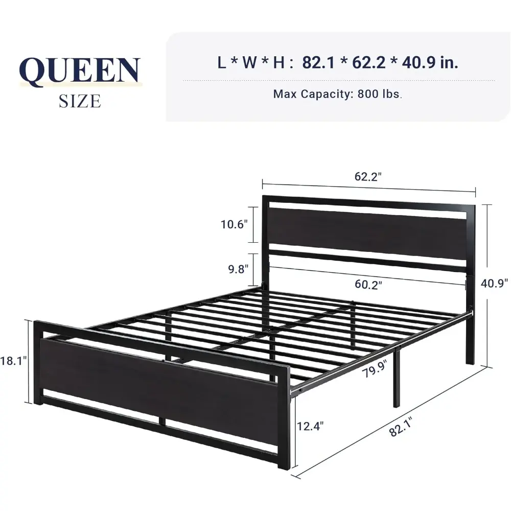 Queen Bed Frame with Headboard, Heavy Duty Metal Platform Base with Strong Support, Underneath Storage Space, Stable Mattress F
