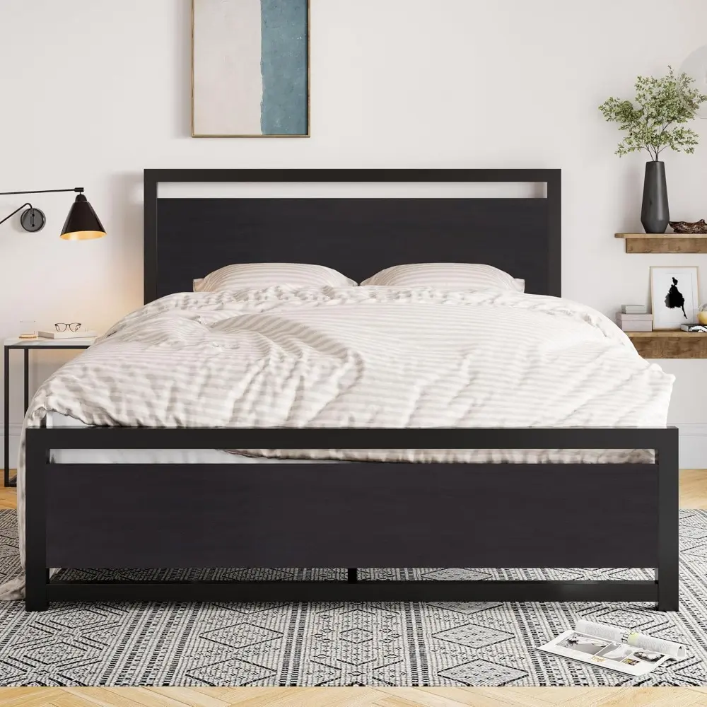 Queen Bed Frame with Headboard, Heavy Duty Metal Platform Base with Strong Support, Underneath Storage Space, Stable Mattress F