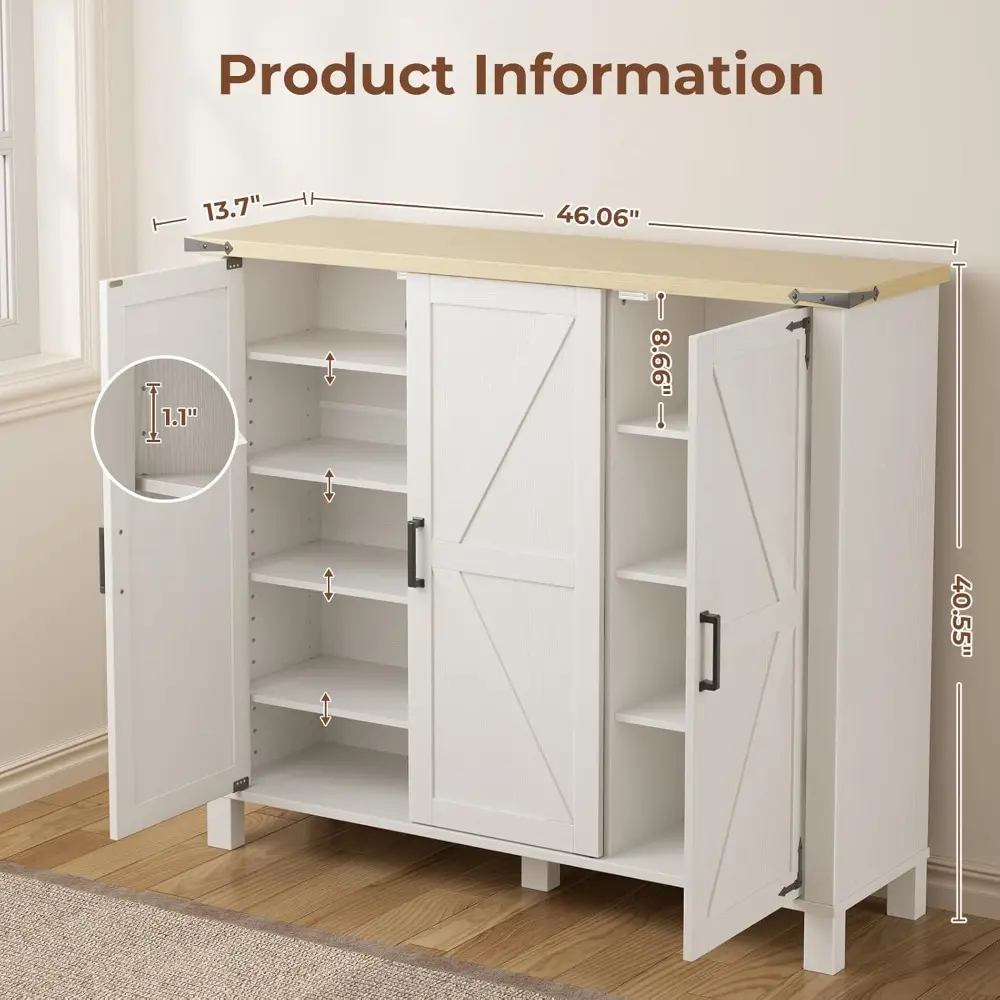 5-Tier Shoe Storage Cabinet, Farmhouse Shoe Rack Organizer Cabinet with 4 Adjustable Shelves & Side Cabinets, Freestanding Shoe