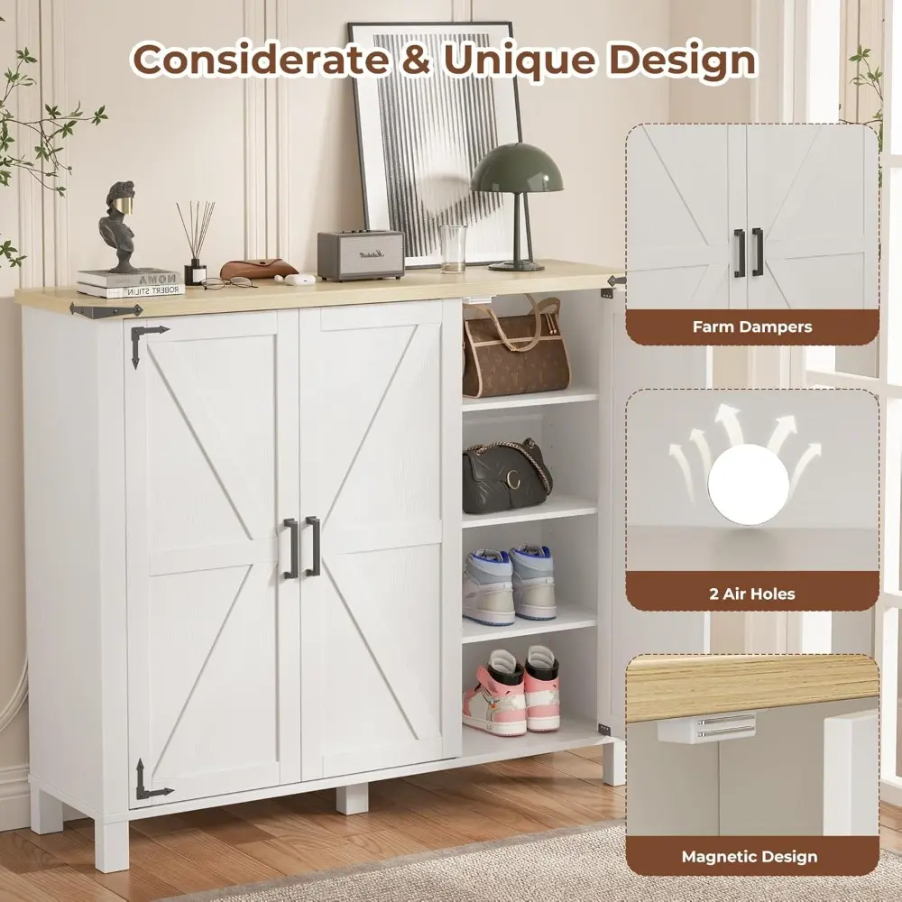 5-Tier Shoe Storage Cabinet, Farmhouse Shoe Rack Organizer Cabinet with 4 Adjustable Shelves & Side Cabinets, Freestanding Shoe