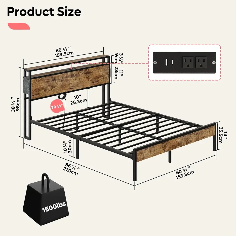 Bestier Queen Bed Frame with Headboard, Dual LED Lights Platform Bed Frame with Charging Station, Metal Bed Frame with 2-Tier St