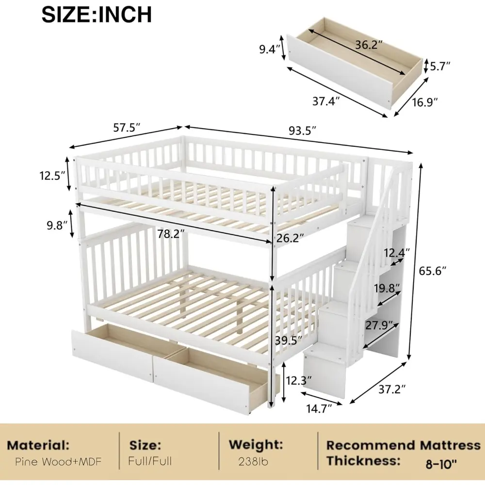 Full Over Full Bunk Beds with Drawers and Stairs Stairway Bunk Bed Frame with Storage Shelves for Kids Teens Adult, Wood Full Bu