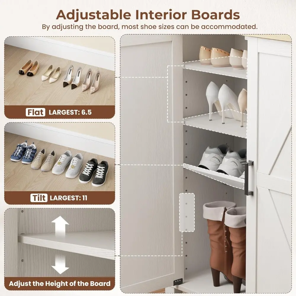 5-Tier Shoe Storage Cabinet, Farmhouse Shoe Rack Organizer Cabinet with 4 Adjustable Shelves & Side Cabinets, Freestanding Shoe