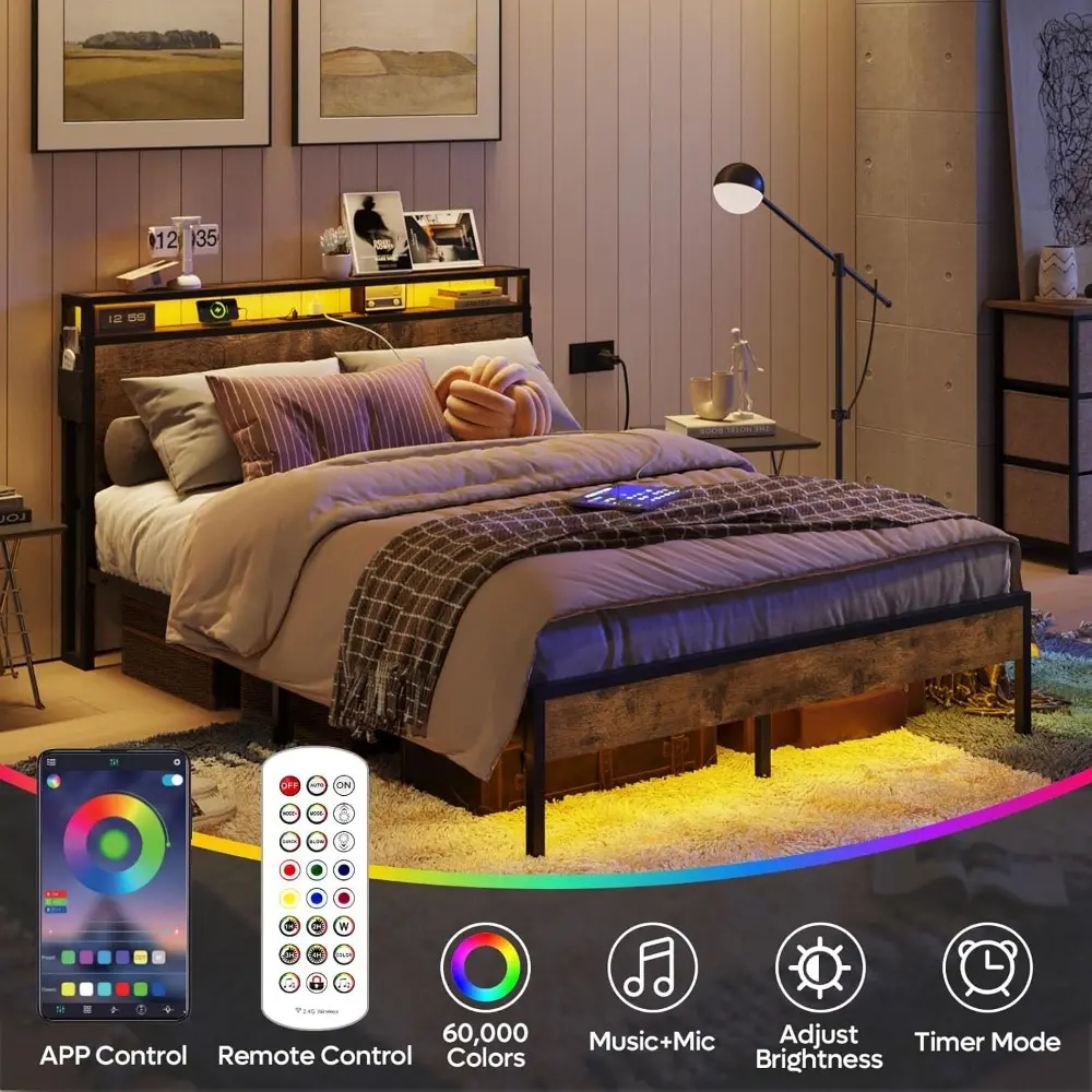 Bestier Queen Bed Frame with Headboard, Dual LED Lights Platform Bed Frame with Charging Station, Metal Bed Frame with 2-Tier St