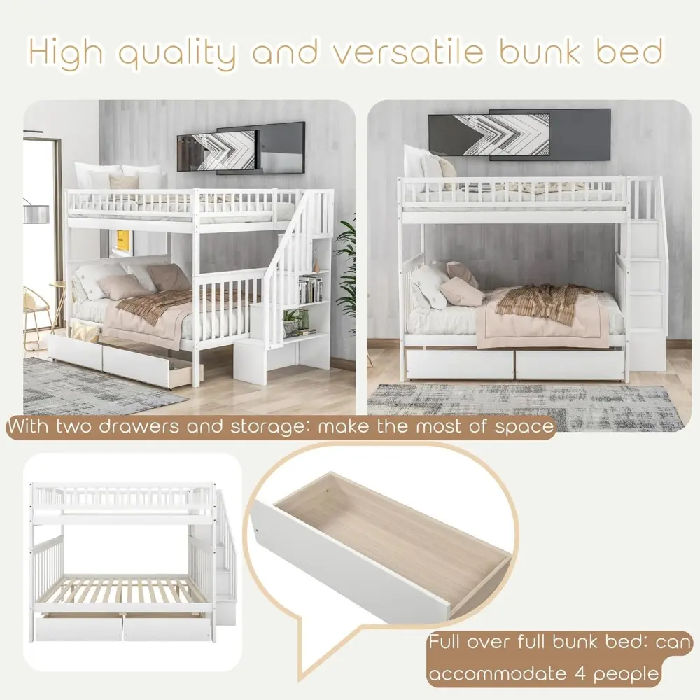 Full Over Full Bunk Beds with Drawers and Stairs Stairway Bunk Bed Frame with Storage Shelves for Kids Teens Adult, Wood Full Bu