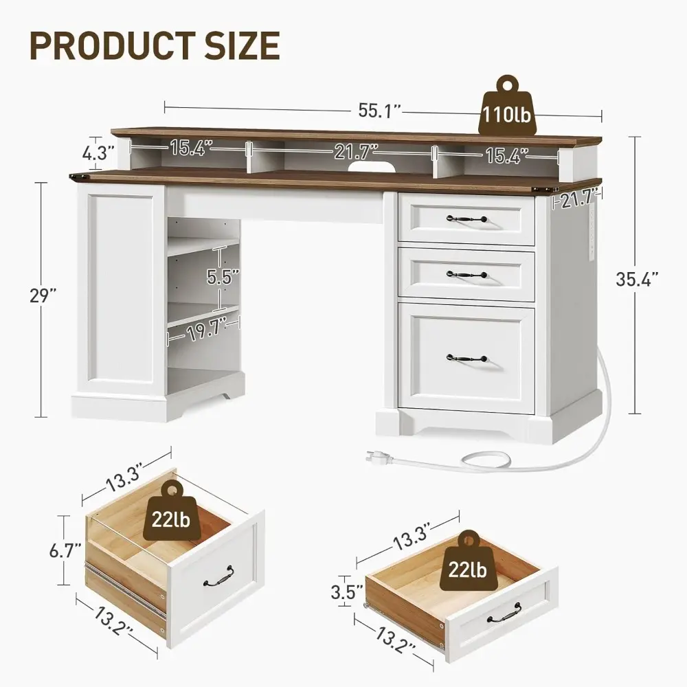 55'' Farmhouse Executive Desk with Drawers, Computer Desk with File Cabinet and Side Bookshelf, Writing Gaming Desk with Monitor