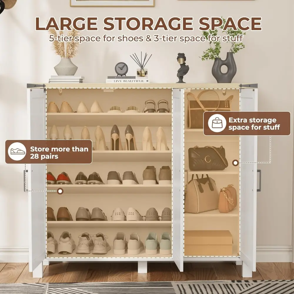 5-Tier Shoe Storage Cabinet, Farmhouse Shoe Rack Organizer Cabinet with 4 Adjustable Shelves & Side Cabinets, Freestanding Shoe