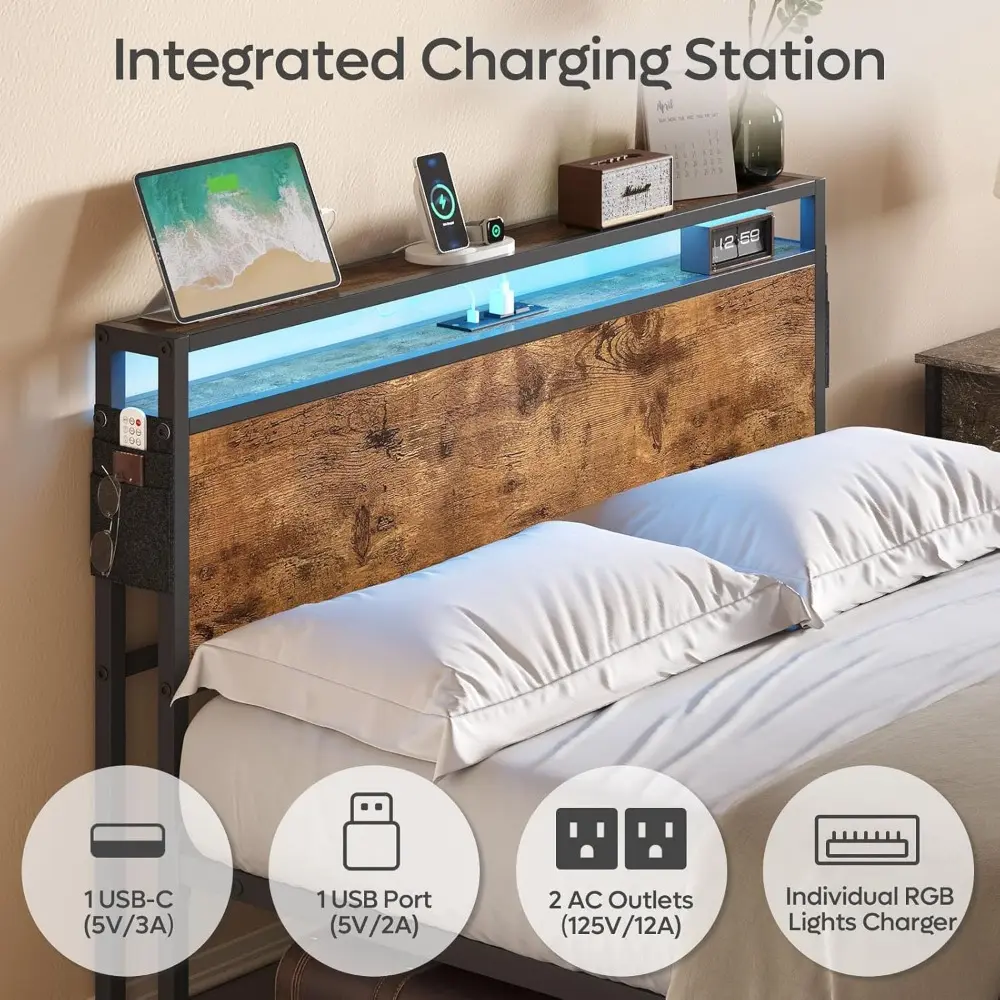 Bestier Queen Bed Frame with Headboard, Dual LED Lights Platform Bed Frame with Charging Station, Metal Bed Frame with 2-Tier St