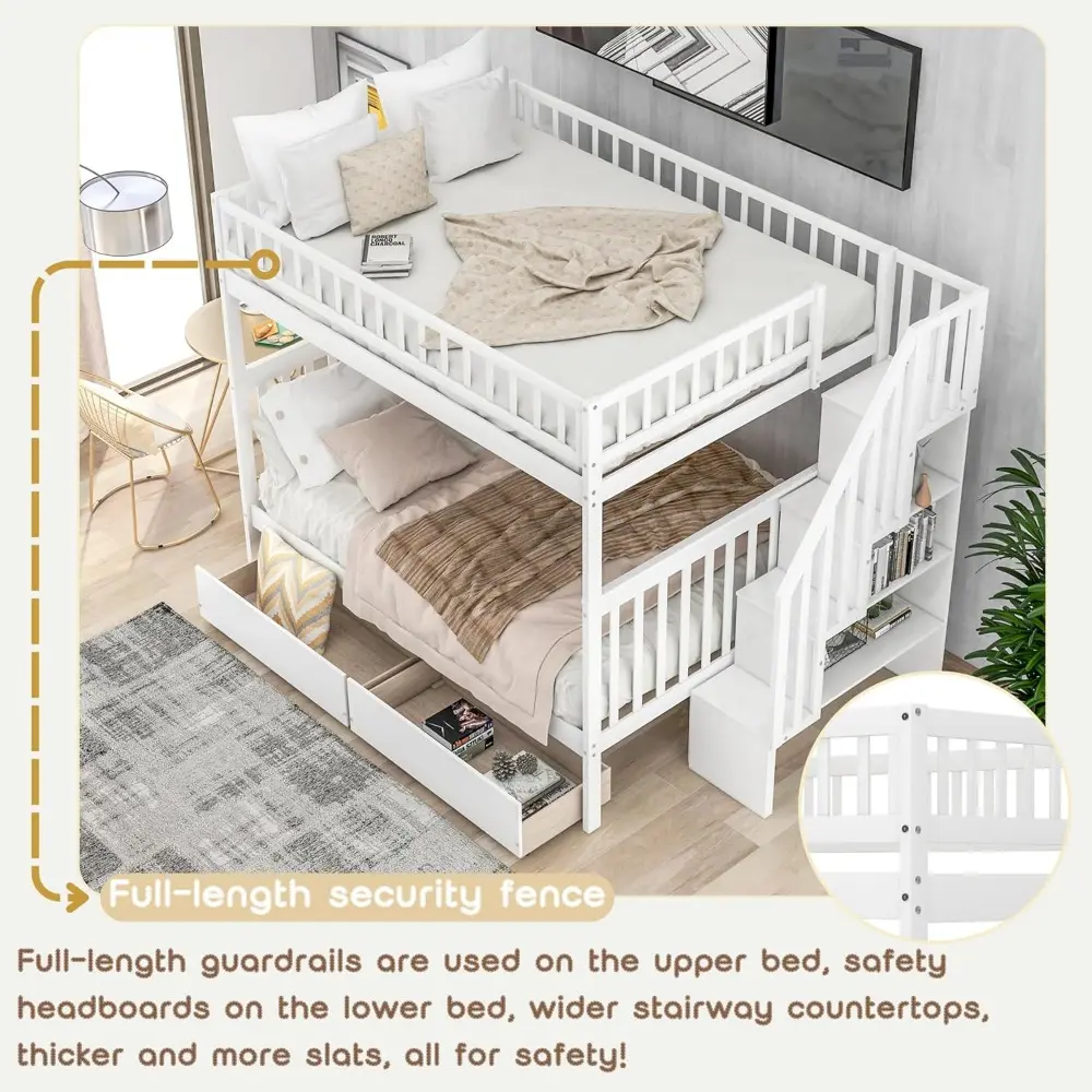 Full Over Full Bunk Beds with Drawers and Stairs Stairway Bunk Bed Frame with Storage Shelves for Kids Teens Adult, Wood Full Bu