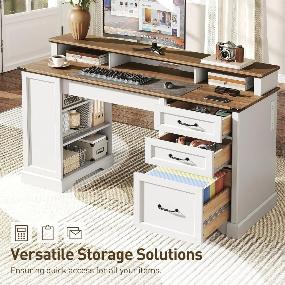 55'' Farmhouse Executive Desk with Drawers, Computer Desk with File Cabinet and Side Bookshelf, Writing Gaming Desk with Monitor