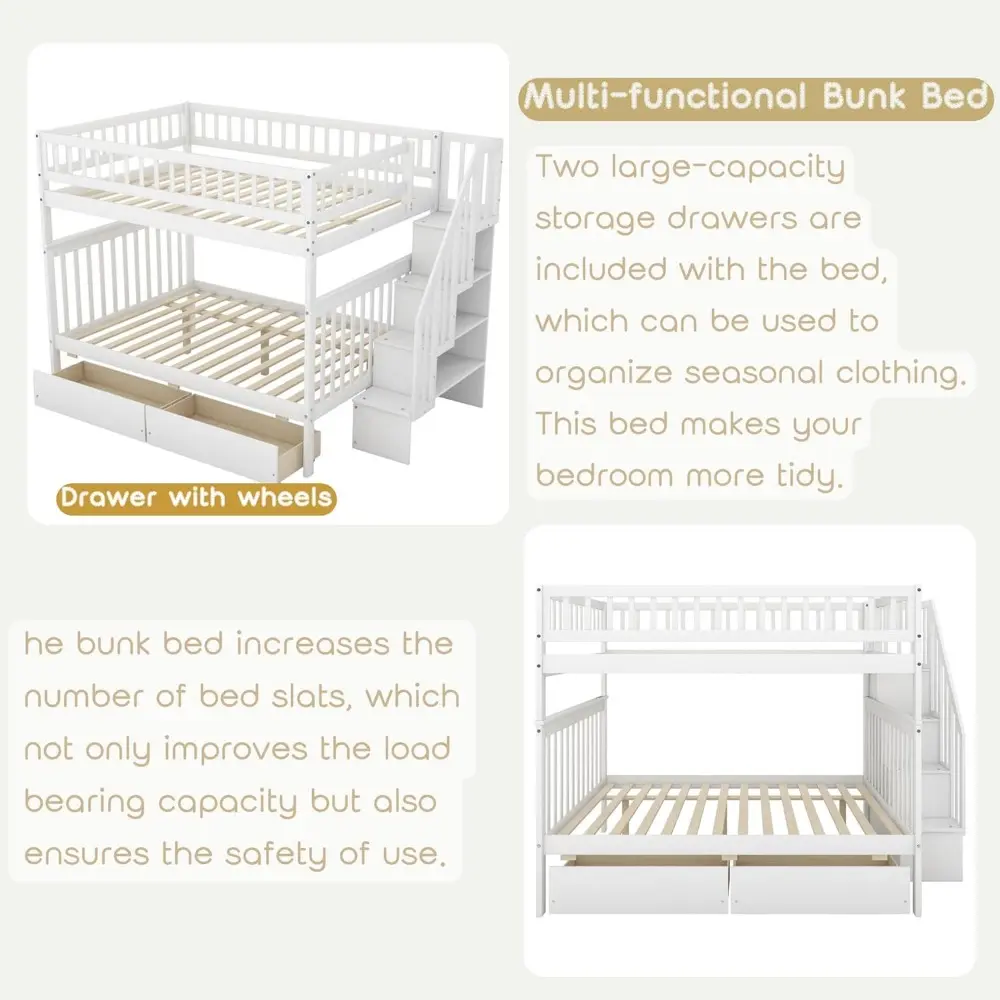 Full Over Full Bunk Beds with Drawers and Stairs Stairway Bunk Bed Frame with Storage Shelves for Kids Teens Adult, Wood Full Bu