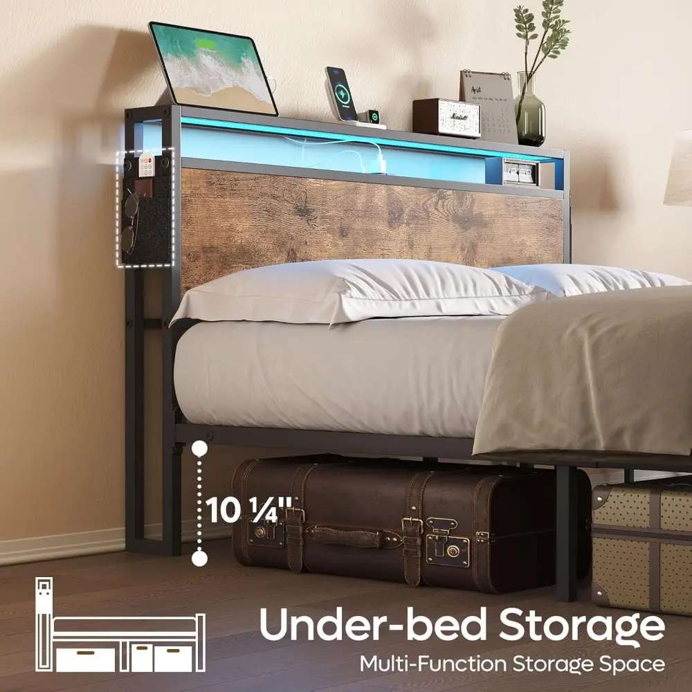 Bestier Queen Bed Frame with Headboard, Dual LED Lights Platform Bed Frame with Charging Station, Metal Bed Frame with 2-Tier St