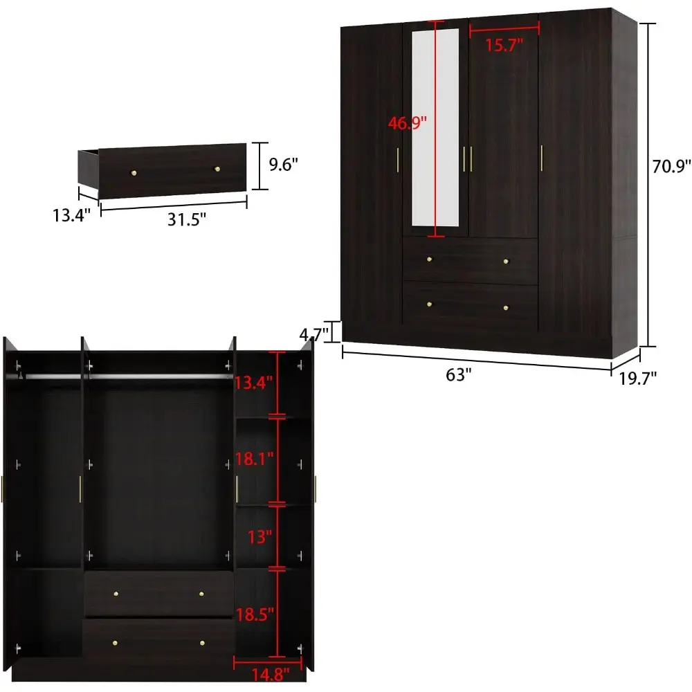 4 Door Wardrobe Armoire Closet with Mirror Door, 63" W Wooden Cabinet with 2 Drawers & Hanging Rod, Bedroom Armoire Dresser War