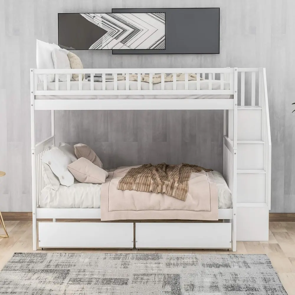 Full Over Full Bunk Beds with Drawers and Stairs Stairway Bunk Bed Frame with Storage Shelves for Kids Teens Adult, Wood Full Bu