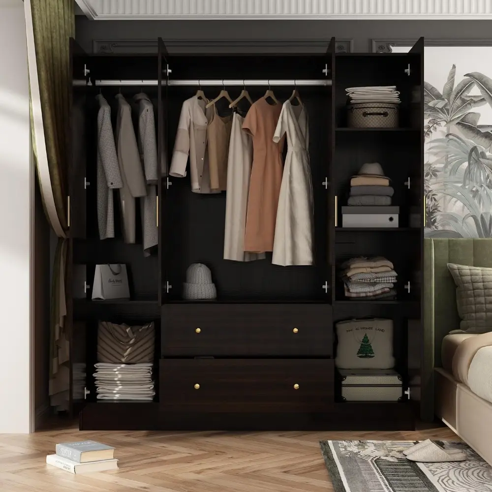 4 Door Wardrobe Armoire Closet with Mirror Door, 63" W Wooden Cabinet with 2 Drawers & Hanging Rod, Bedroom Armoire Dresser War