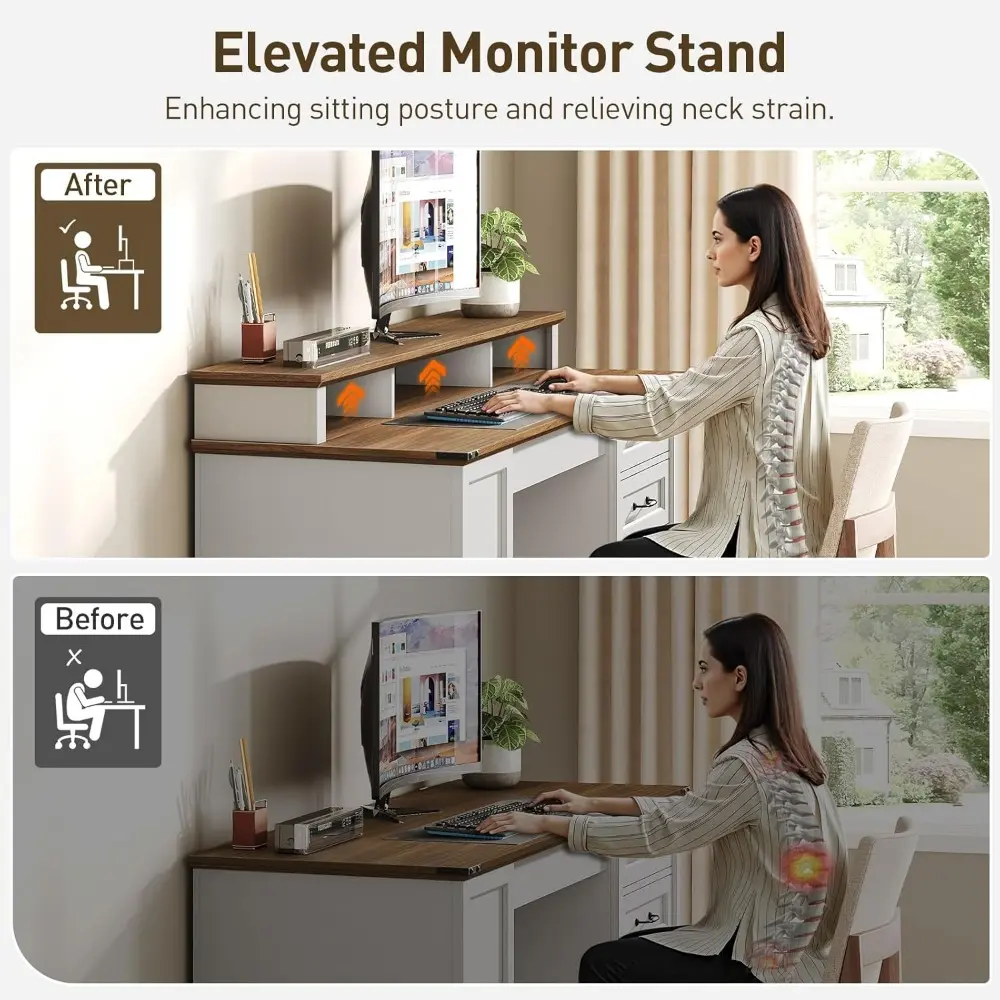 55'' Farmhouse Executive Desk with Drawers, Computer Desk with File Cabinet and Side Bookshelf, Writing Gaming Desk with Monitor
