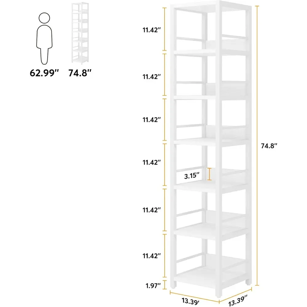 6-Tier Corner Shelf, 75 Inch Tall Narrow Bookshelf Storage Rack, Etagere Shelves Display Stand for Small Spaces, Rustic Open Bo