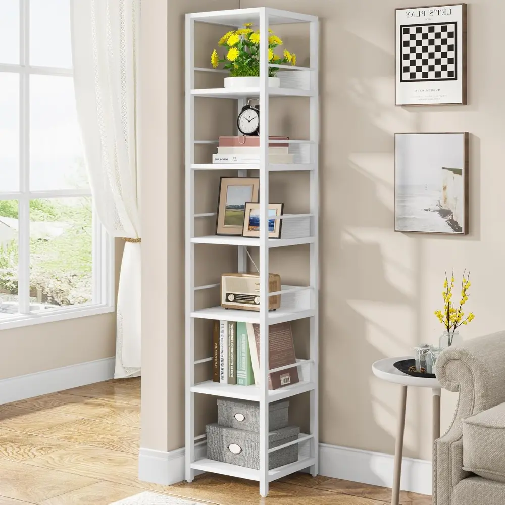 6-Tier Corner Shelf, 75 Inch Tall Narrow Bookshelf Storage Rack, Etagere Shelves Display Stand for Small Spaces, Rustic Open Bo