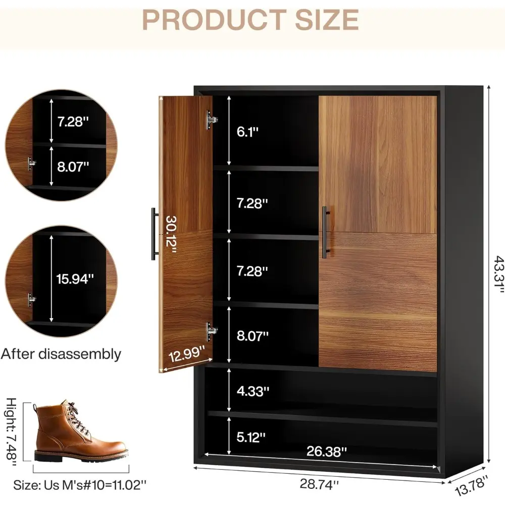 Shoe Cabinet with Doors, 6-Tier Shoe Storage Organizer with Adjustable Shelves for Entryway Hallway Closet