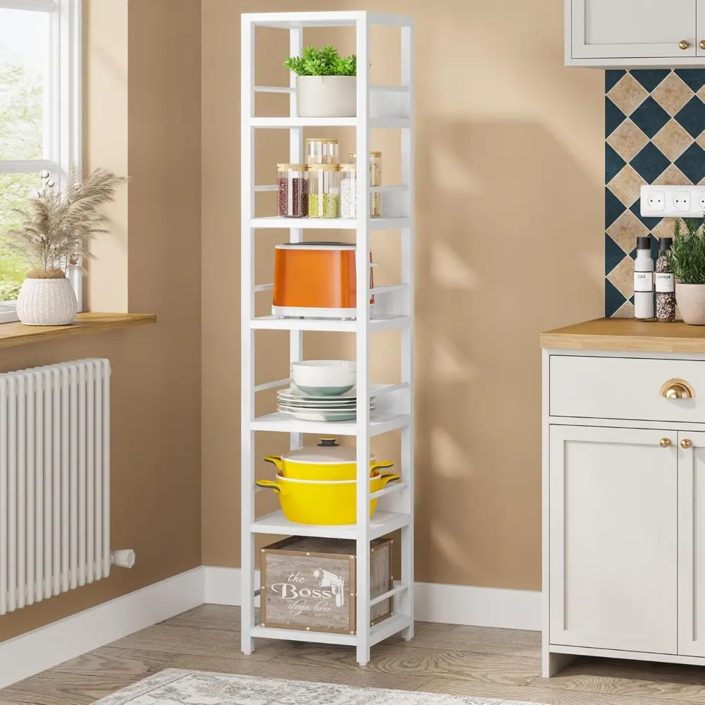6-Tier Corner Shelf, 75 Inch Tall Narrow Bookshelf Storage Rack, Etagere Shelves Display Stand for Small Spaces, Rustic Open Bo