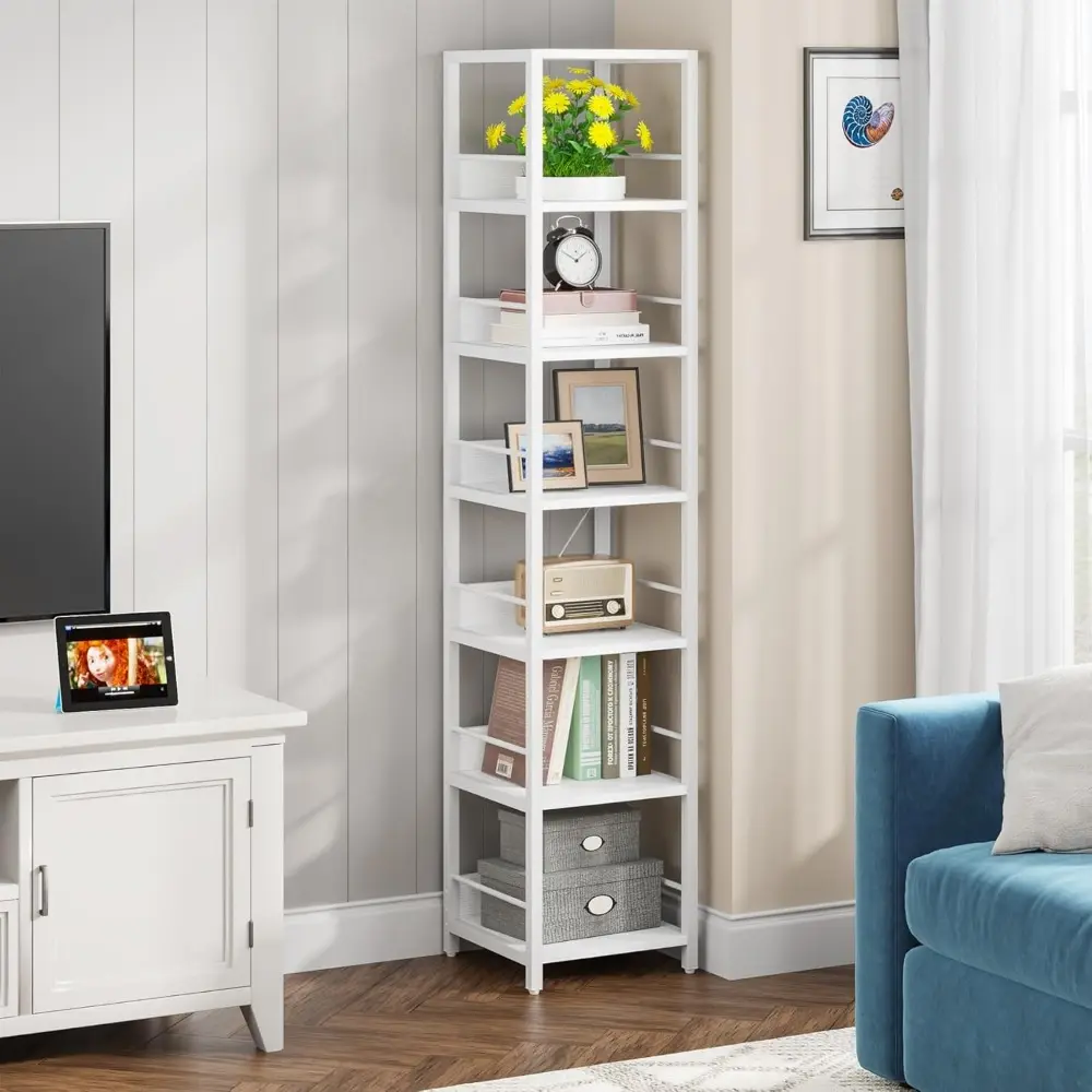 6-Tier Corner Shelf, 75 Inch Tall Narrow Bookshelf Storage Rack, Etagere Shelves Display Stand for Small Spaces, Rustic Open Bo
