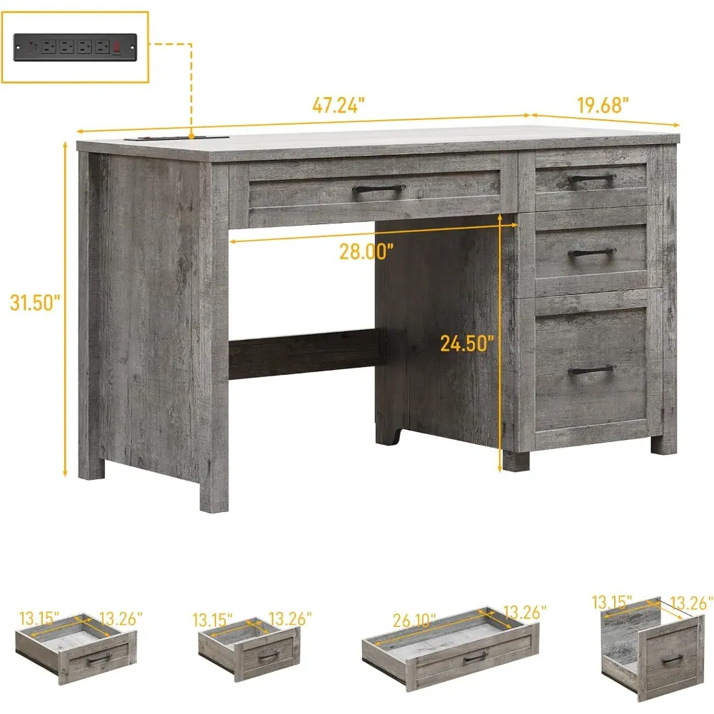 Farmhouse 47" Executive Desk, Computer Desk with File Drawer and Charging Station, Workstation for Home Office, Study,(Grey).