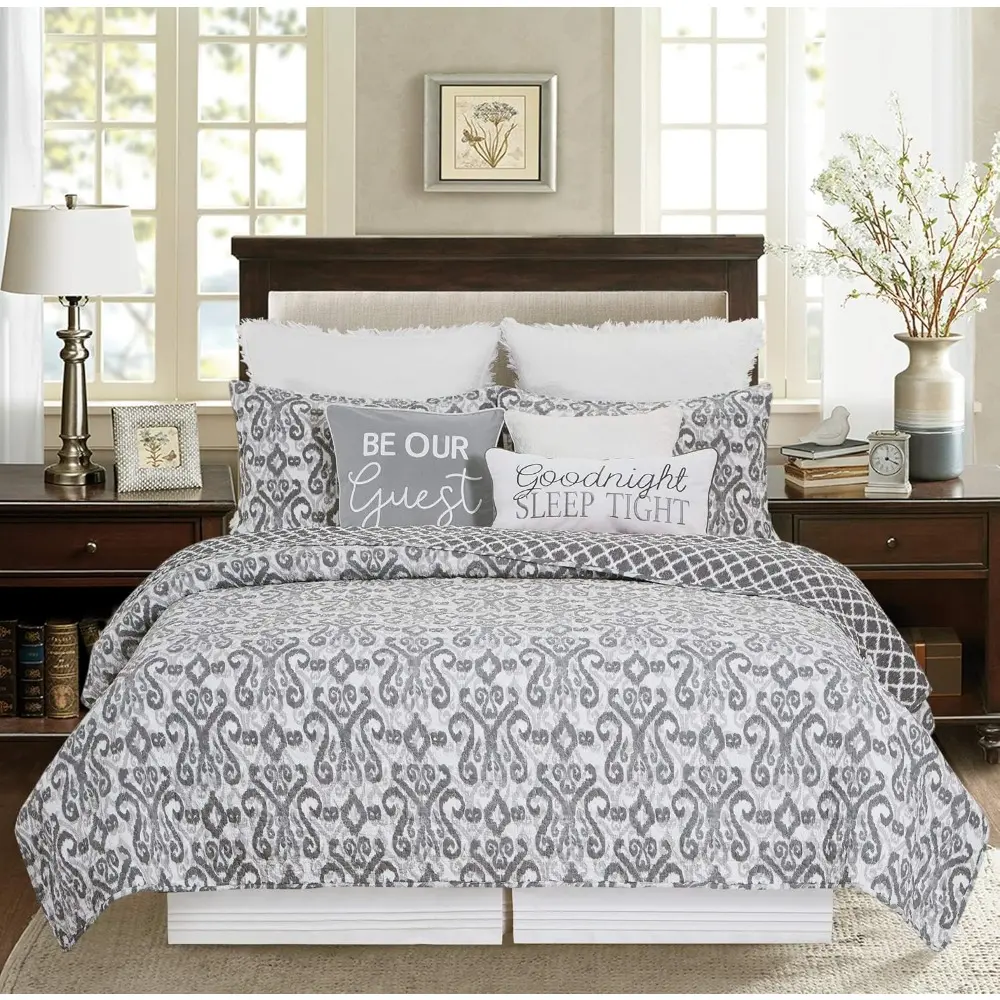 C&F Home Heather Grey & White Damask Reversible Diamond King Quilt Set Machine Washable Cotton Quilt Set King 3 Piece Set Grey