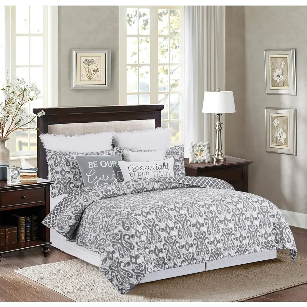C&F Home Heather Grey & White Damask Reversible Diamond King Quilt Set Machine Washable Cotton Quilt Set King 3 Piece Set Grey