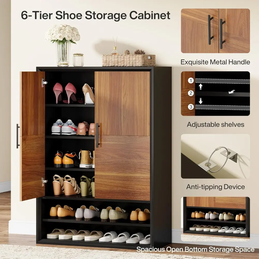 Shoe Cabinet with Doors, 6-Tier Shoe Storage Organizer with Adjustable Shelves for Entryway Hallway Closet