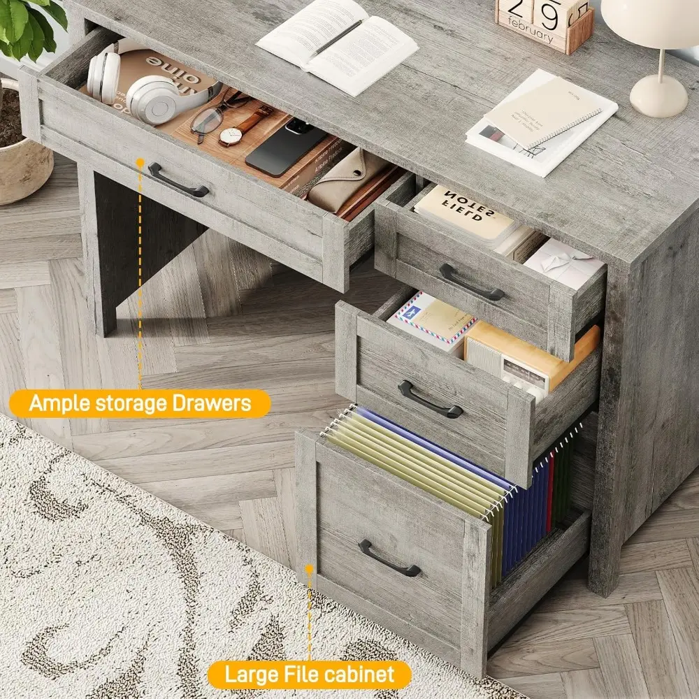 Farmhouse 47" Executive Desk, Computer Desk with File Drawer and Charging Station, Workstation for Home Office, Study,(Grey).
