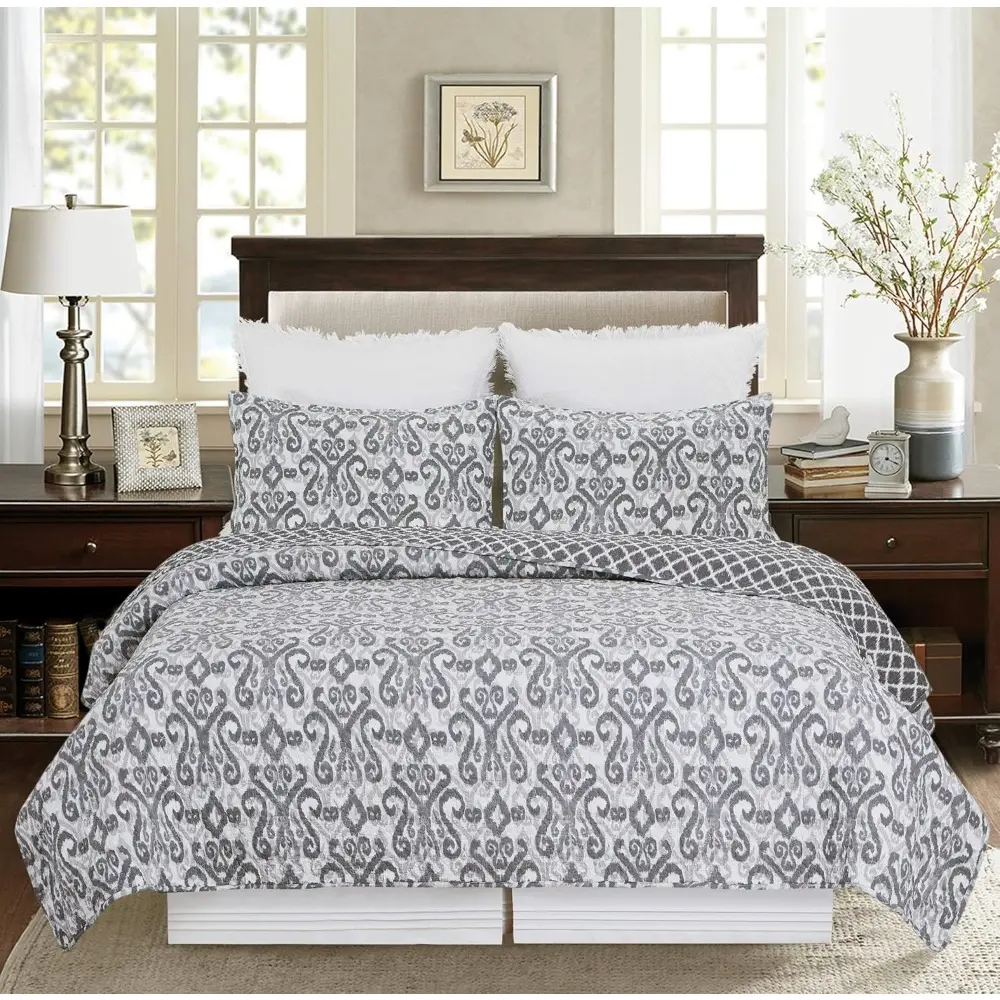 C&F Home Heather Grey & White Damask Reversible Diamond King Quilt Set Machine Washable Cotton Quilt Set King 3 Piece Set Grey