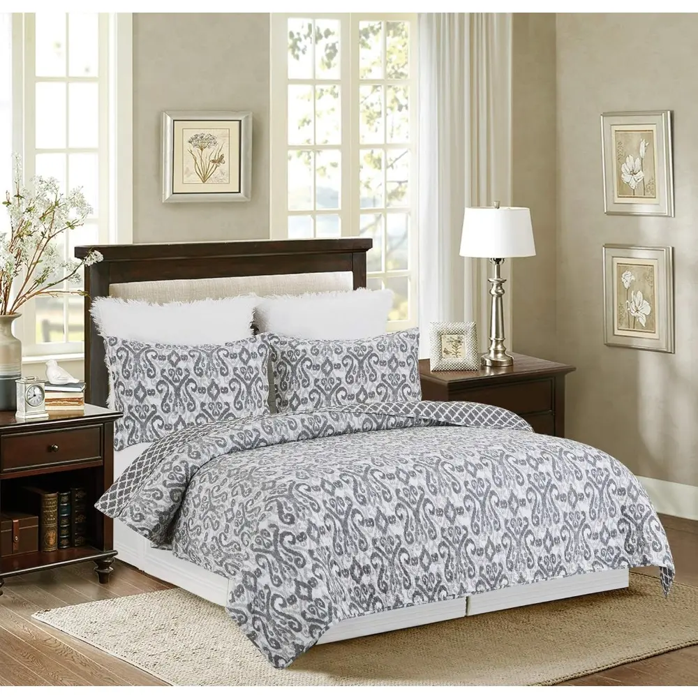 C&F Home Heather Grey & White Damask Reversible Diamond King Quilt Set Machine Washable Cotton Quilt Set King 3 Piece Set Grey