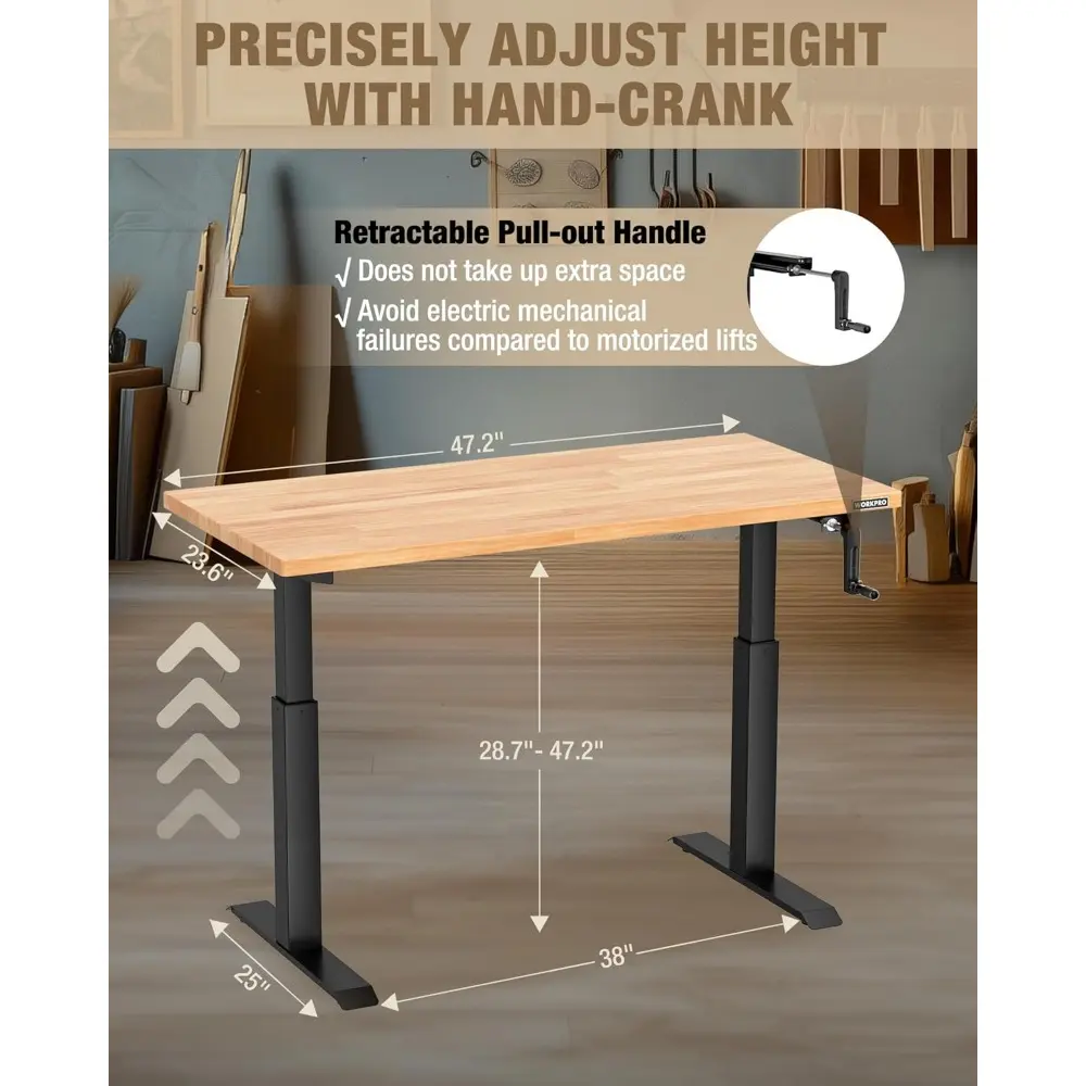 Adjustable Workbench with Crank Handle, 47.2" x 23.6" Rubber Wood Worktable 300LBS Load Capacity,Height-Adjustable Standing Des