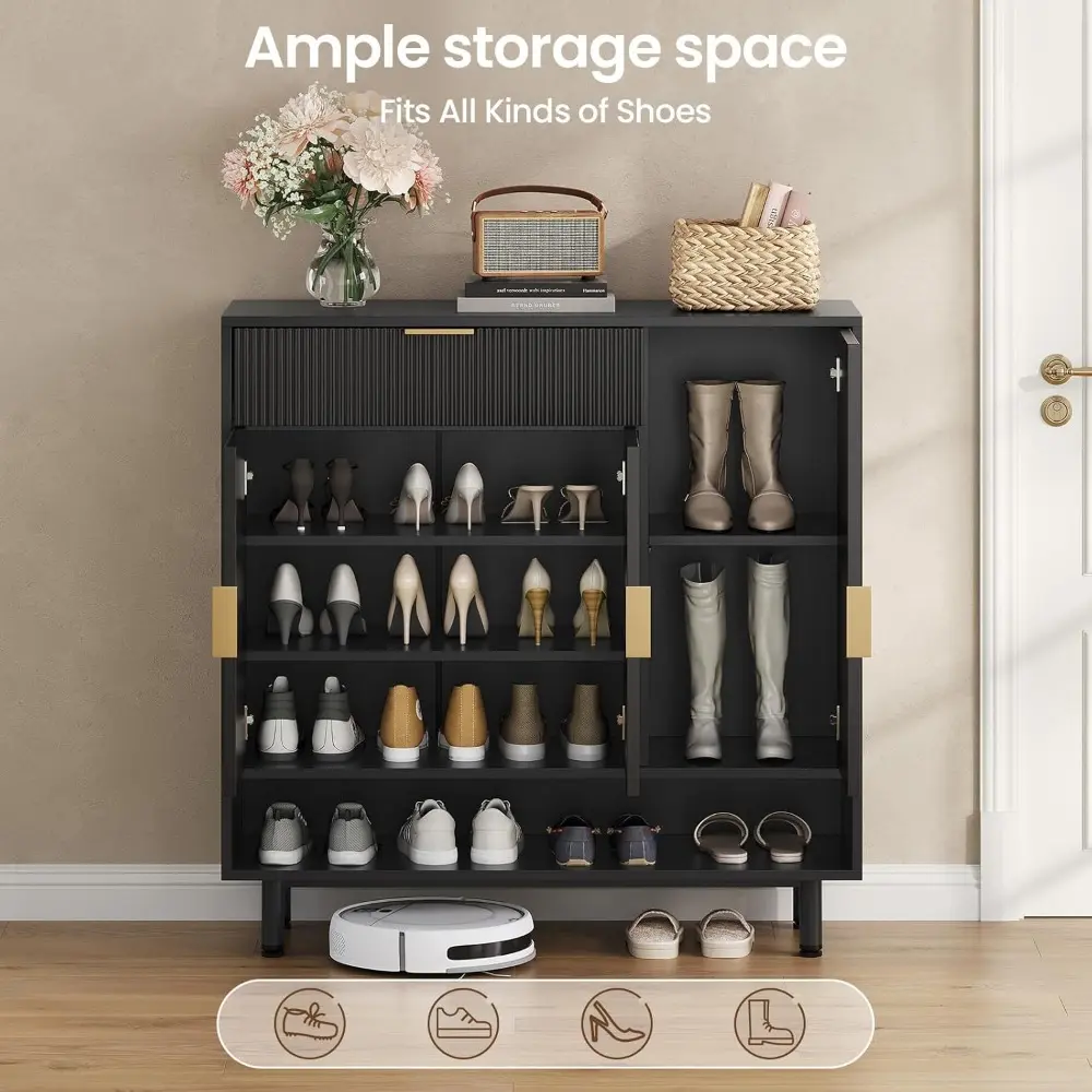 Shoe Storage Cabinet with Drawer, Shoe Organizer with 3 Adjustable Shelves and Metal Legs, Large Capacity Shoe Cabinet Storage f