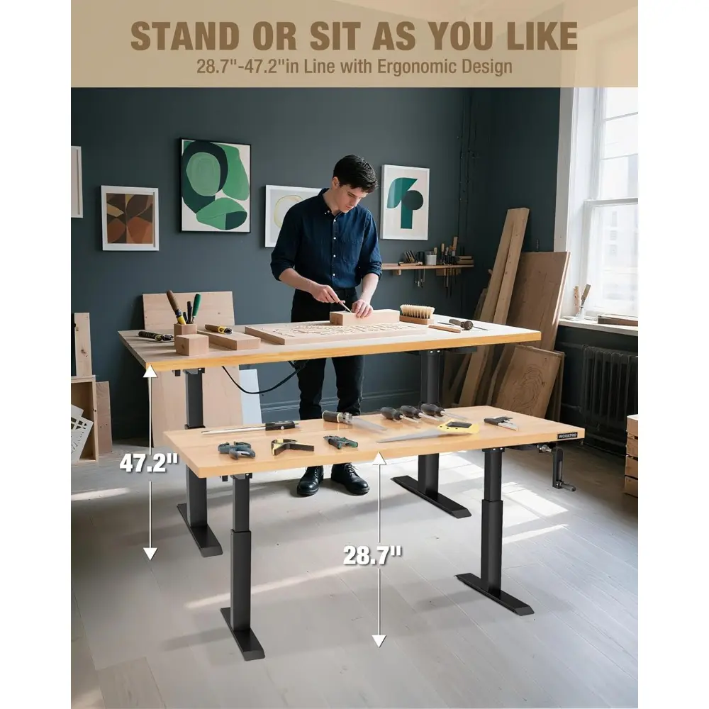 Adjustable Workbench with Crank Handle, 47.2" x 23.6" Rubber Wood Worktable 300LBS Load Capacity,Height-Adjustable Standing Des