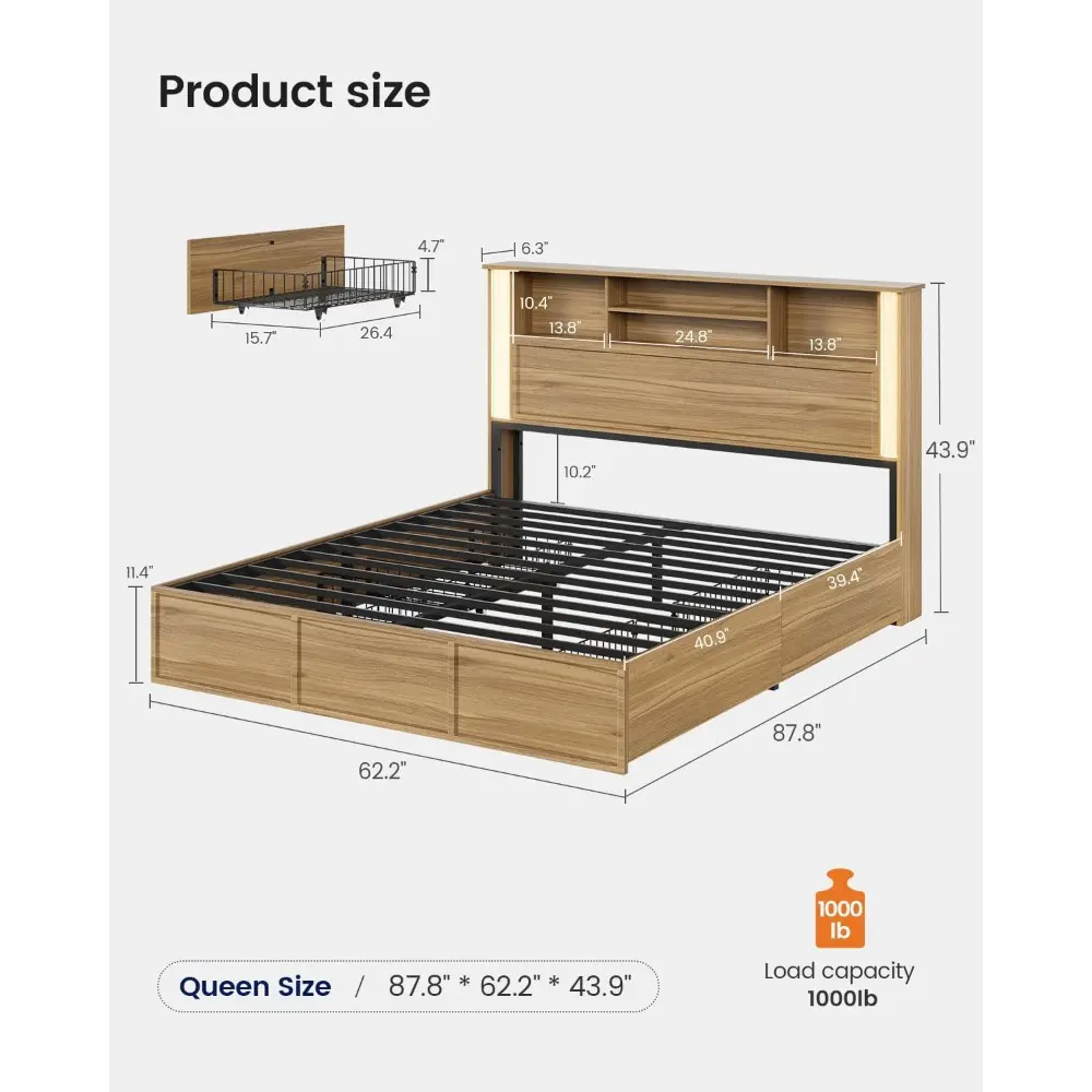 Queen Bed Frame with 4 Storage Drawers and 3 Tier Storage Headboard, Black Wooden Bed Frame Queen Size with Charging Station and
