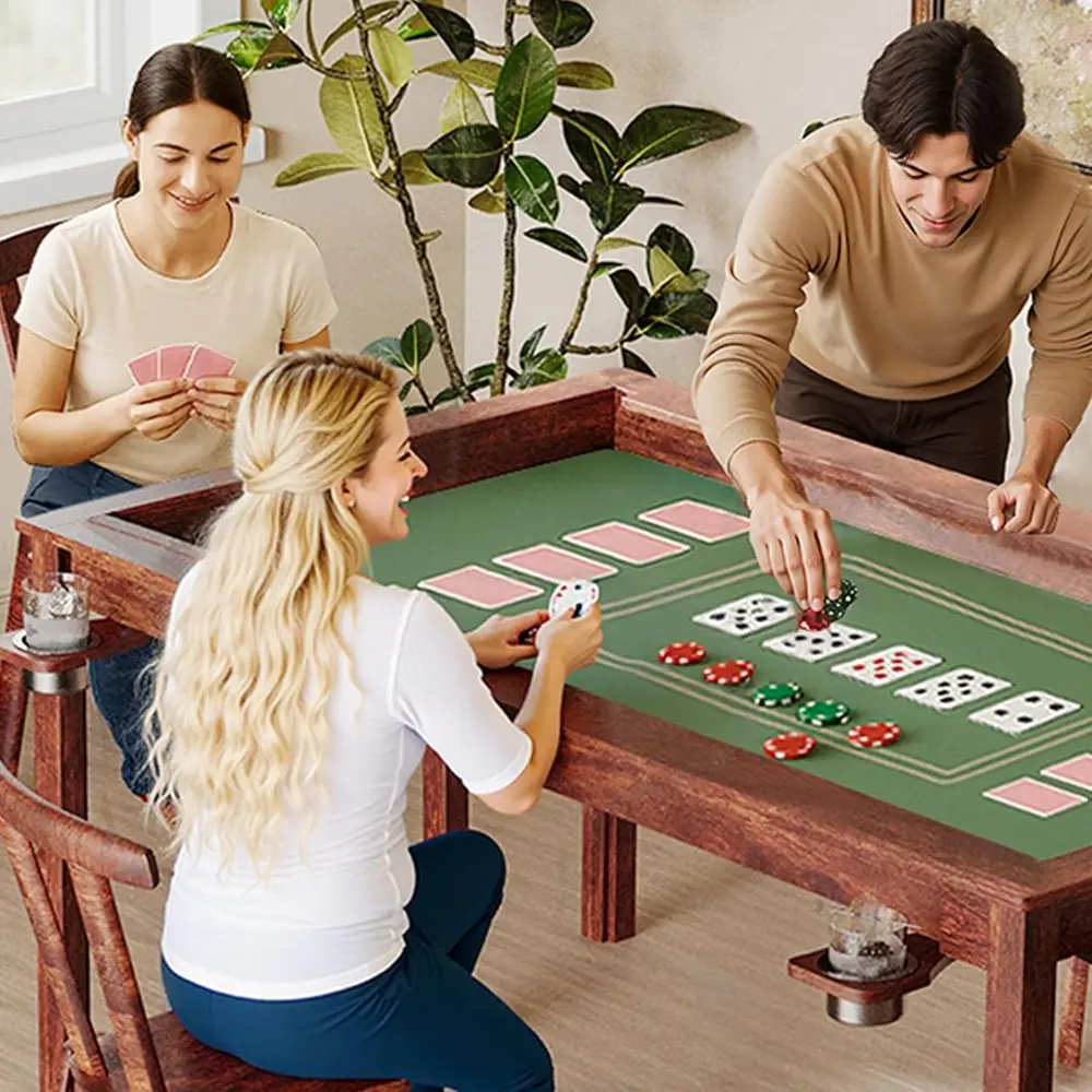 Oak Wood Board Game Table for 6 Players with Removable Table Top, 53in x 30in Gaming Area, Includes Game Mat, Detachable Cup Ho