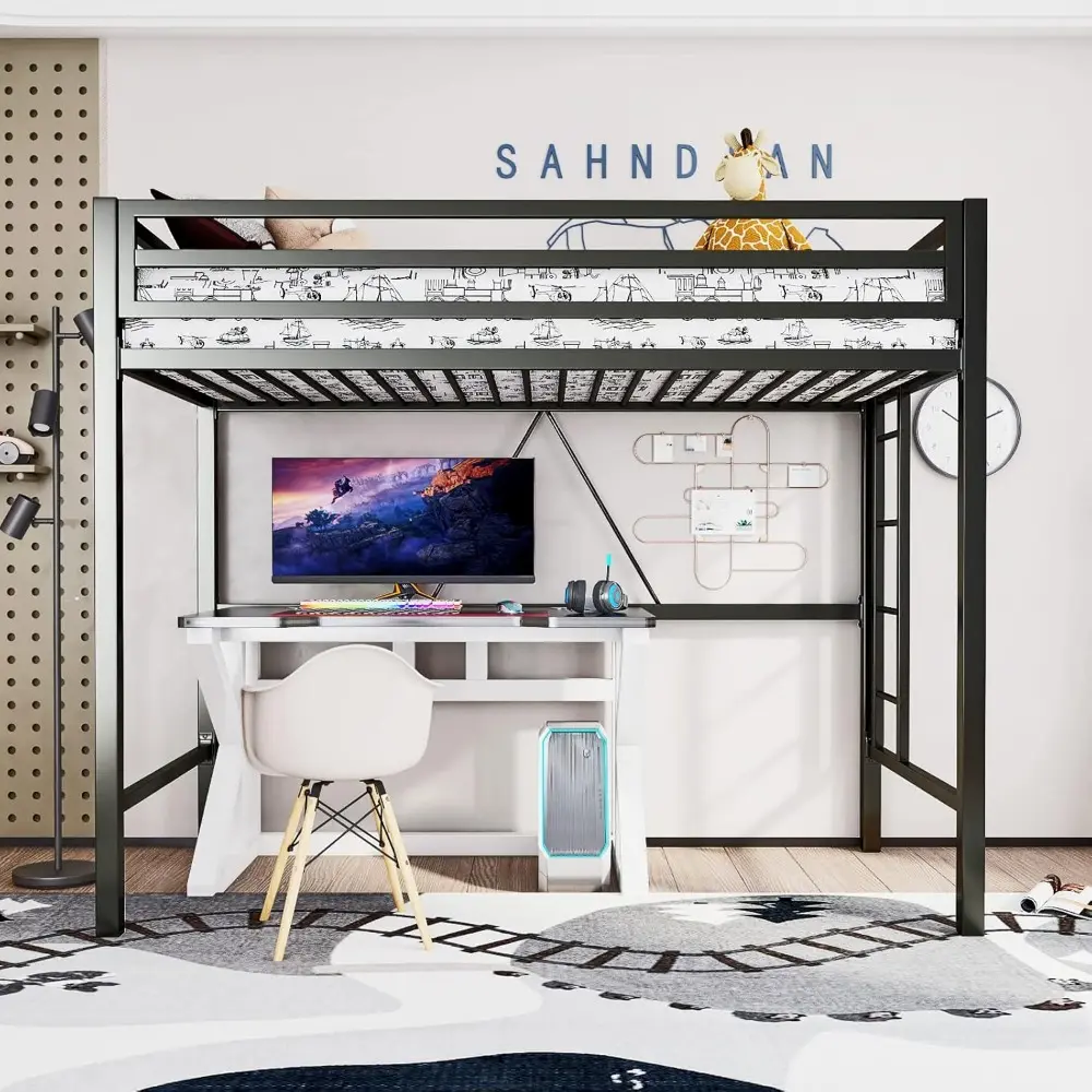 ikalido Metal Loft Bed Twin Size with Safety Guardrail and Ladder, No Box Spring Needed Space Saving Bedroom Furniture, Matte Bl