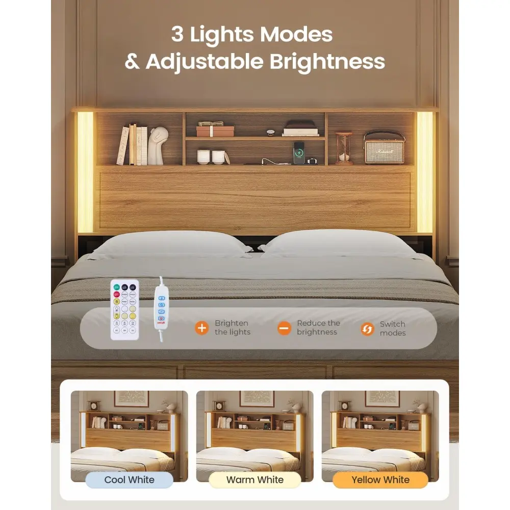 Queen Bed Frame with 4 Storage Drawers and 3 Tier Storage Headboard, Black Wooden Bed Frame Queen Size with Charging Station and