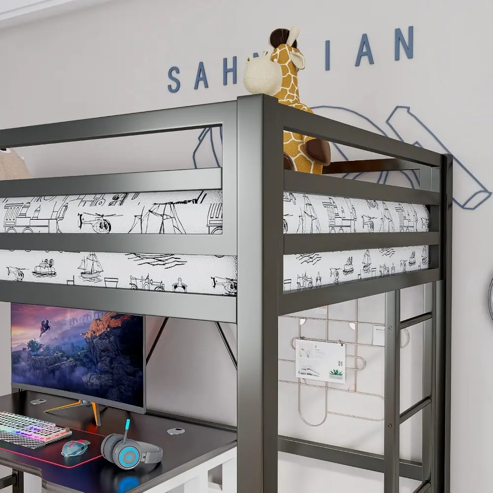 ikalido Metal Loft Bed Twin Size with Safety Guardrail and Ladder, No Box Spring Needed Space Saving Bedroom Furniture, Matte Bl