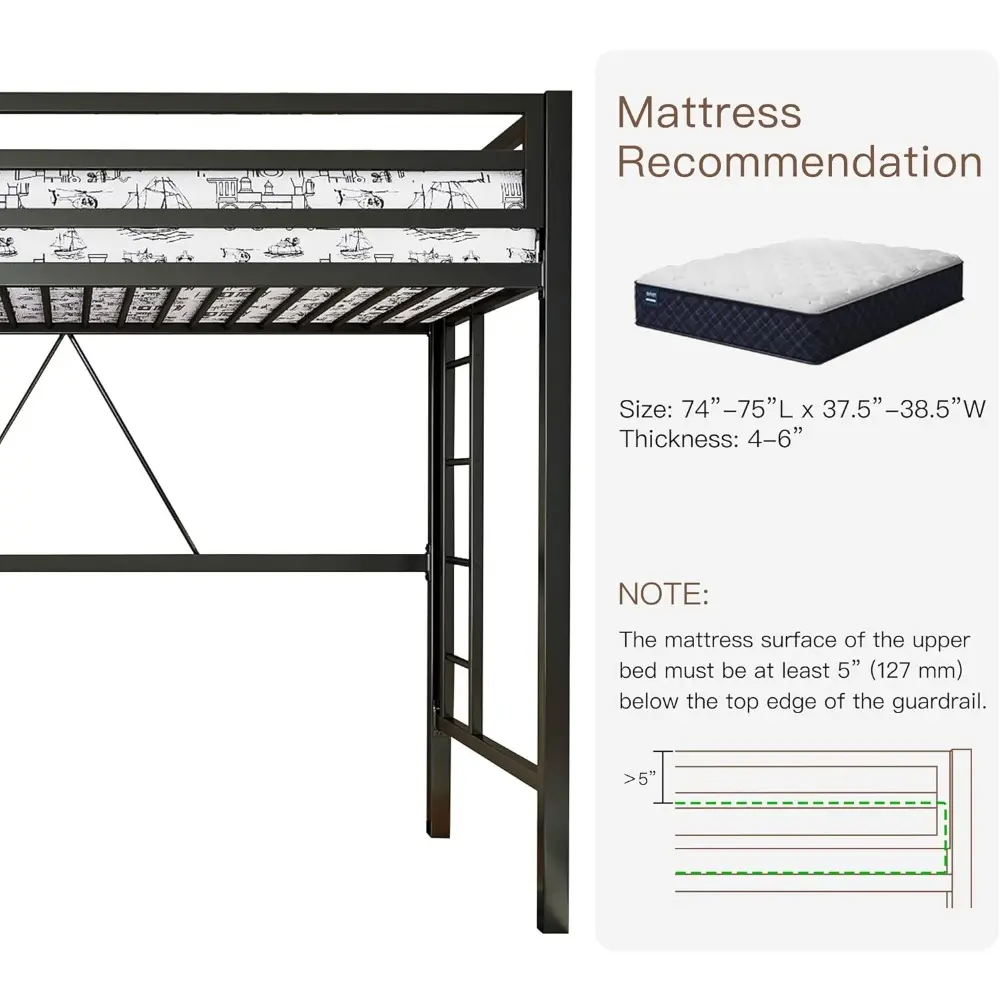 ikalido Metal Loft Bed Twin Size with Safety Guardrail and Ladder, No Box Spring Needed Space Saving Bedroom Furniture, Matte Bl