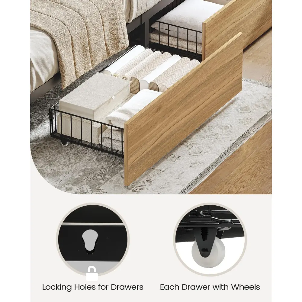 Queen Bed Frame with 4 Storage Drawers and 3 Tier Storage Headboard, Black Wooden Bed Frame Queen Size with Charging Station and