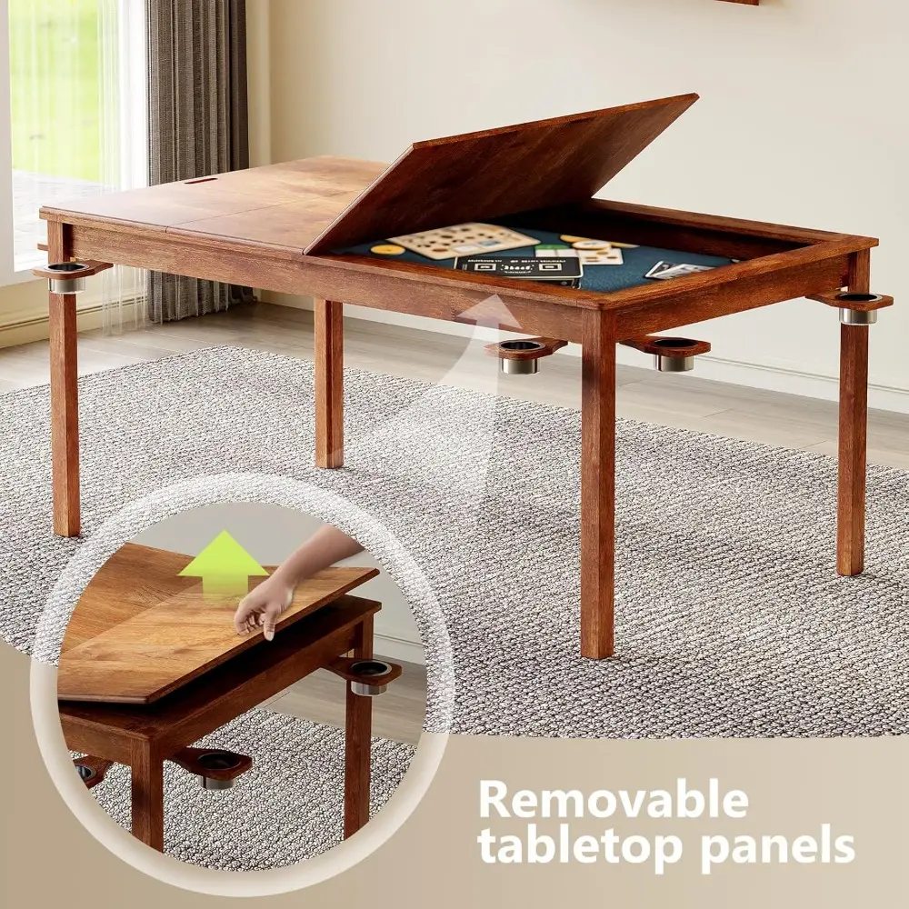 Oak Wood Board Game Table for 6 Players with Removable Table Top, 53in x 30in Gaming Area, Includes Game Mat, Detachable Cup Ho