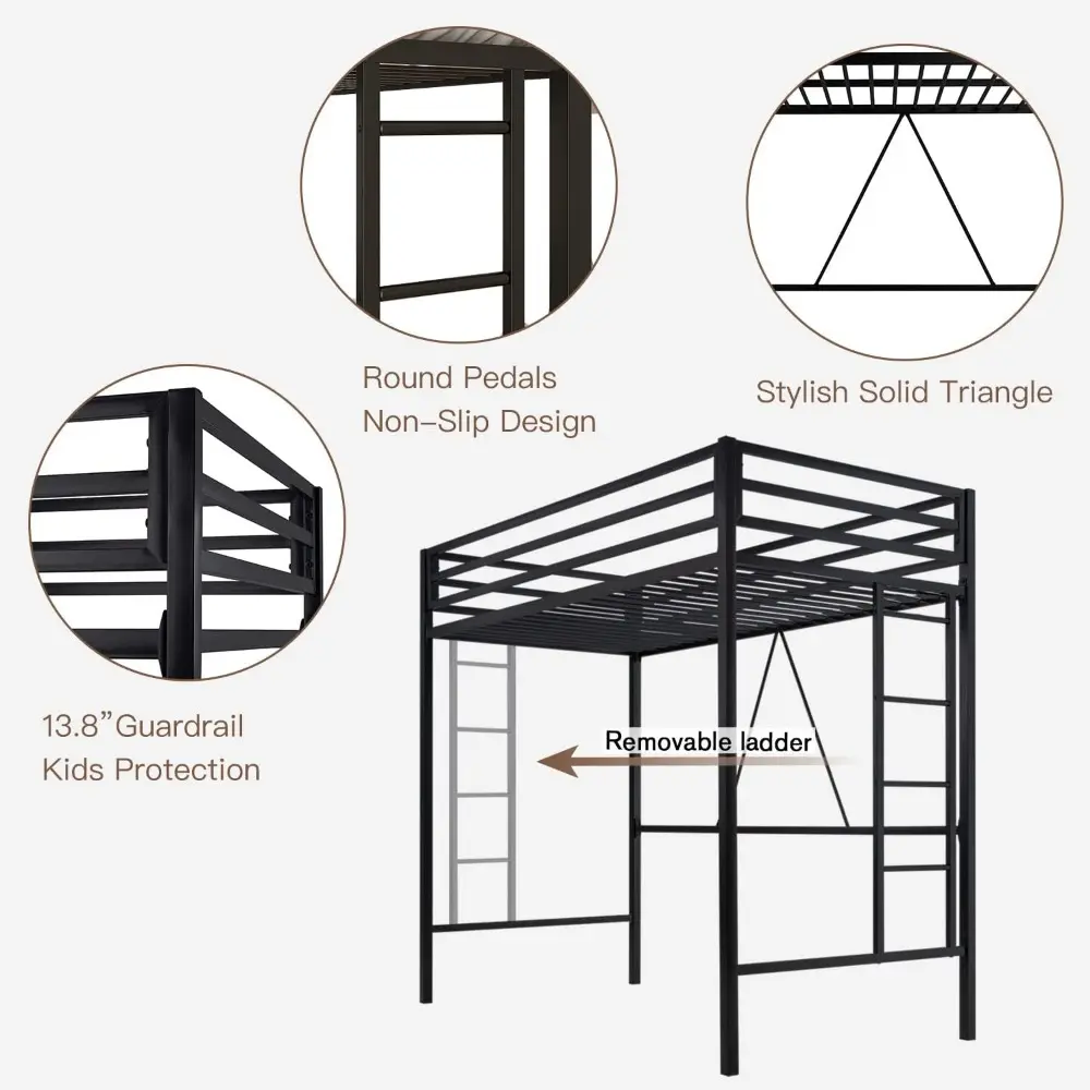 ikalido Metal Loft Bed Twin Size with Safety Guardrail and Ladder, No Box Spring Needed Space Saving Bedroom Furniture, Matte Bl